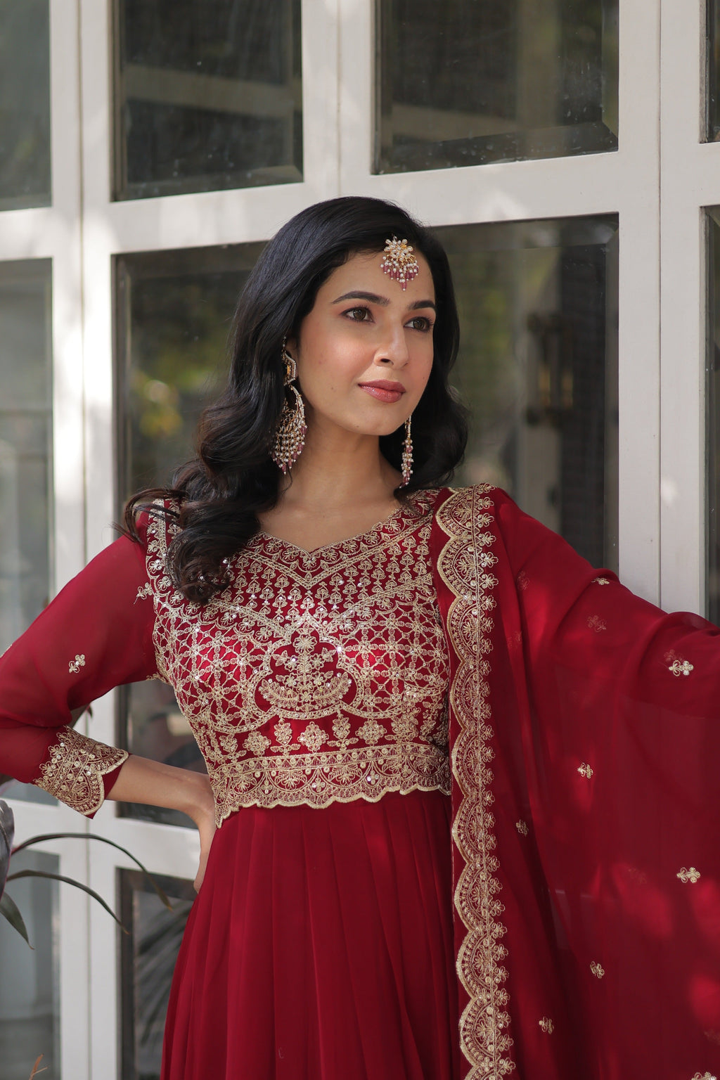 Sonakshi Women's Maroon Faux Blooming Sequins Zari Embroidered Long Anarkali Sets | Grocsy