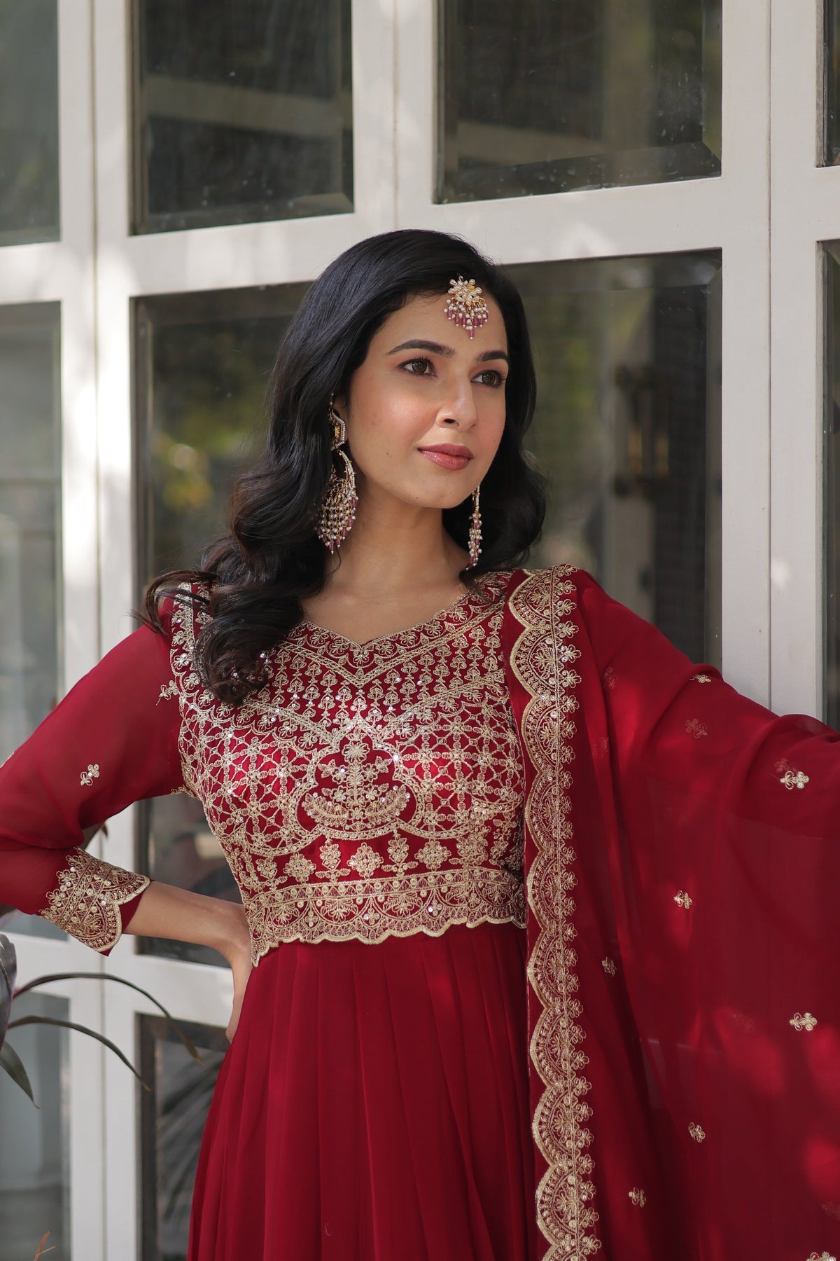 Sonakshi Women's Maroon Faux Blooming Sequins Zari Embroidered Long Anarkali Sets | Grocsy
