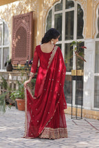 Sonakshi Women's Maroon Faux Blooming Sequins Zari Embroidered Long Anarkali Sets | Grocsy