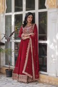 Sonakshi Women's Maroon Faux Blooming Sequins Zari Embroidered Long Anarkali Sets | Grocsy