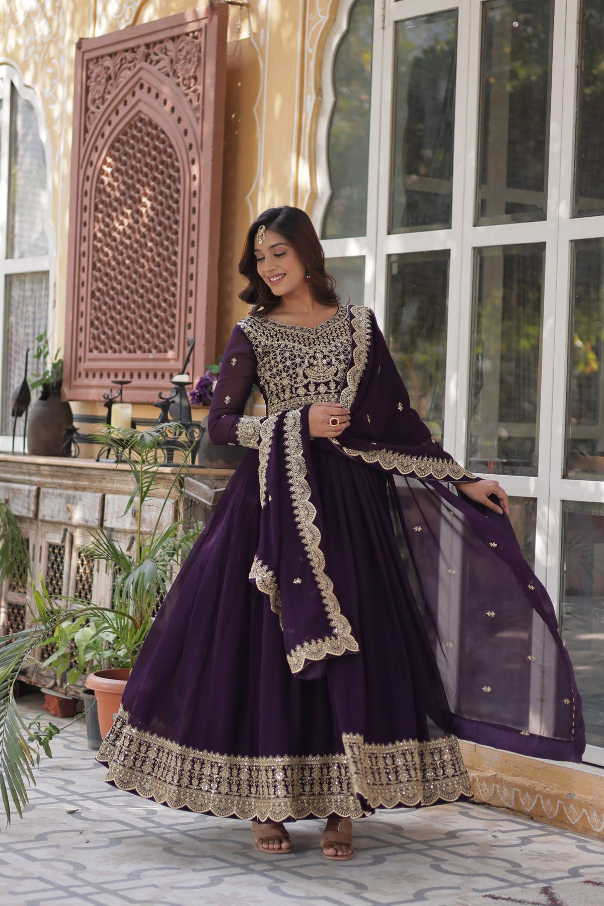 Sonakshi Women's Wine Faux Blooming Sequins Zari Embroidered Long Anarkali Sets | Grocsy