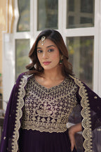 Sonakshi Women's Wine Faux Blooming Sequins Zari Embroidered Long Anarkali Sets | Grocsy