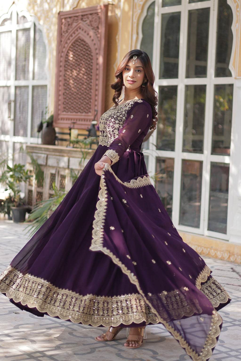 Sonakshi Women's Wine Faux Blooming Sequins Zari Embroidered Long Anarkali Sets | Grocsy
