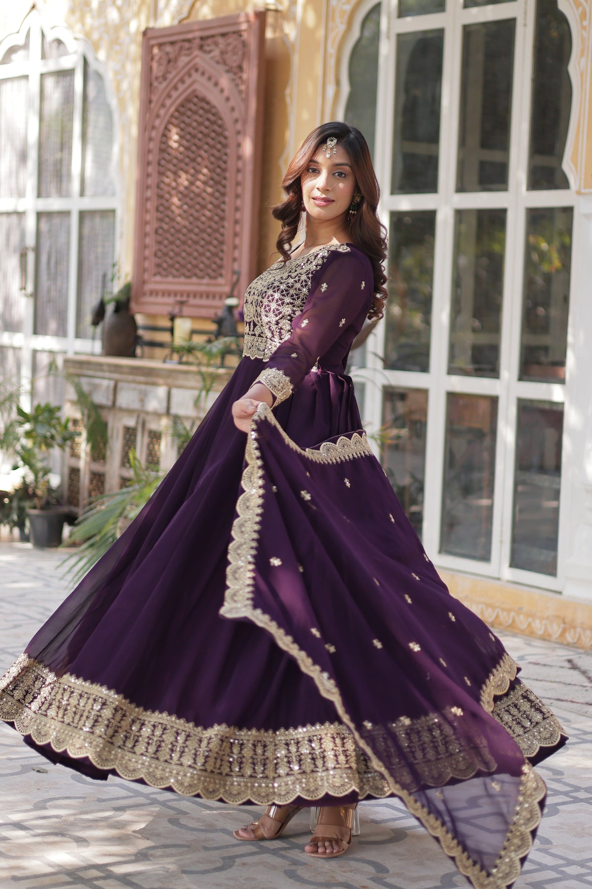 Jyoti Fashion Women's Wine Faux Blooming Sequins Zari Embroidered Long Anarkali Sets | Grocsy