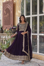 Sonakshi Women's Wine Faux Blooming Sequins Zari Embroidered Long Anarkali Sets | Grocsy
