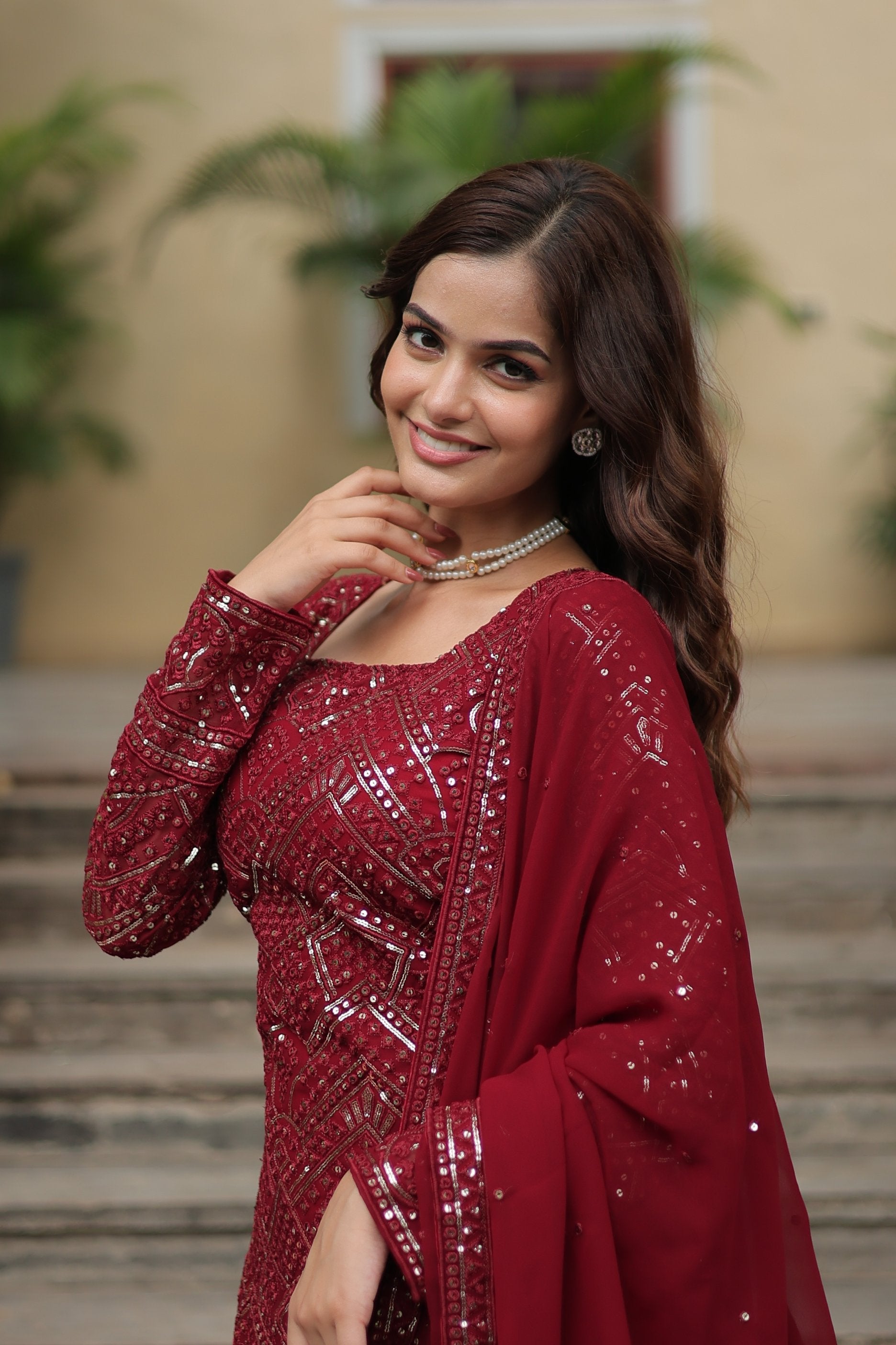 Sonakshi Women's Maroon Faux Georgette Sequins Thread Embroidered Kurta Set with Dupatta | Grocsy