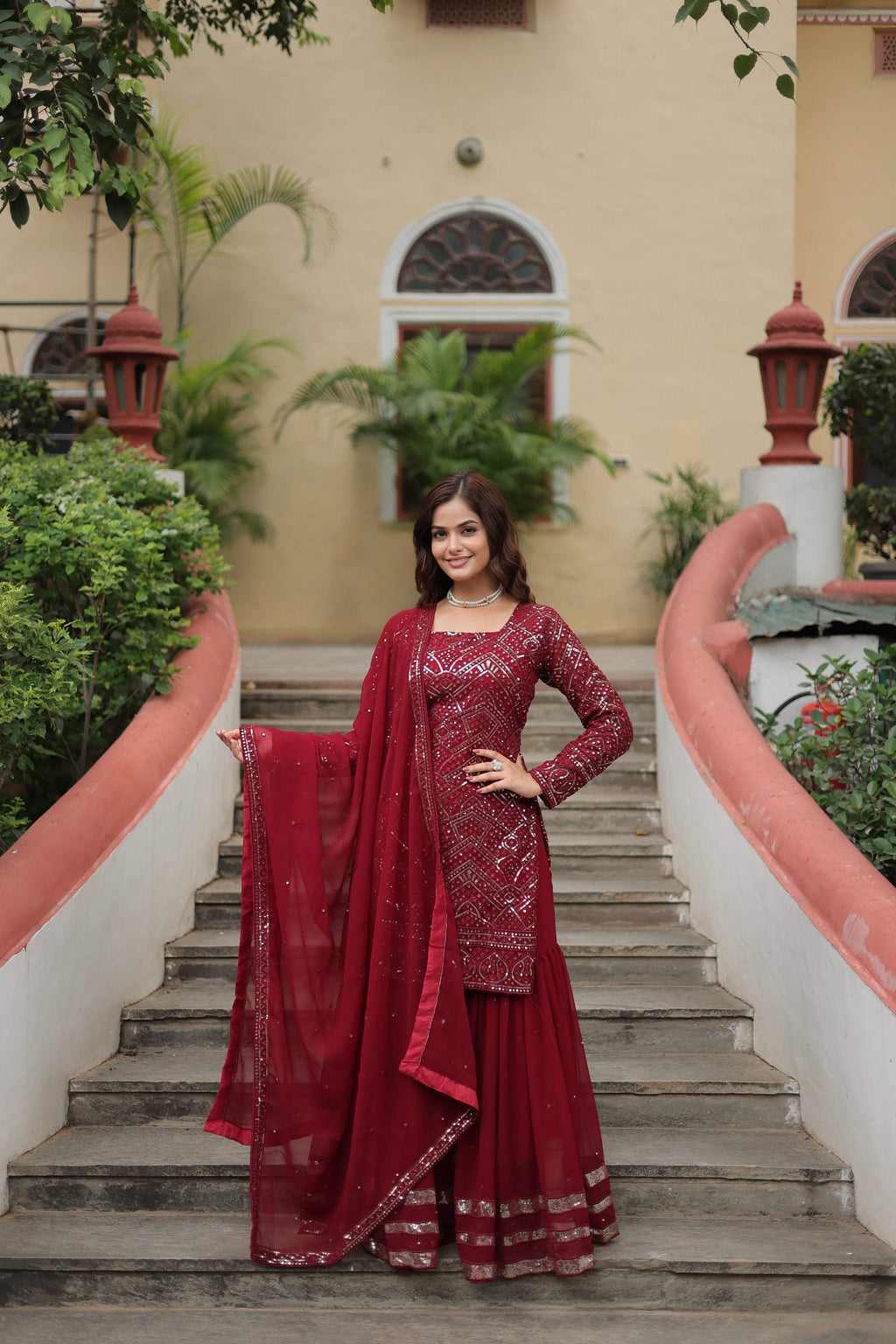 Sonakshi Women's Maroon Faux Georgette Sequins Thread Embroidered Kurta Set with Dupatta | Grocsy