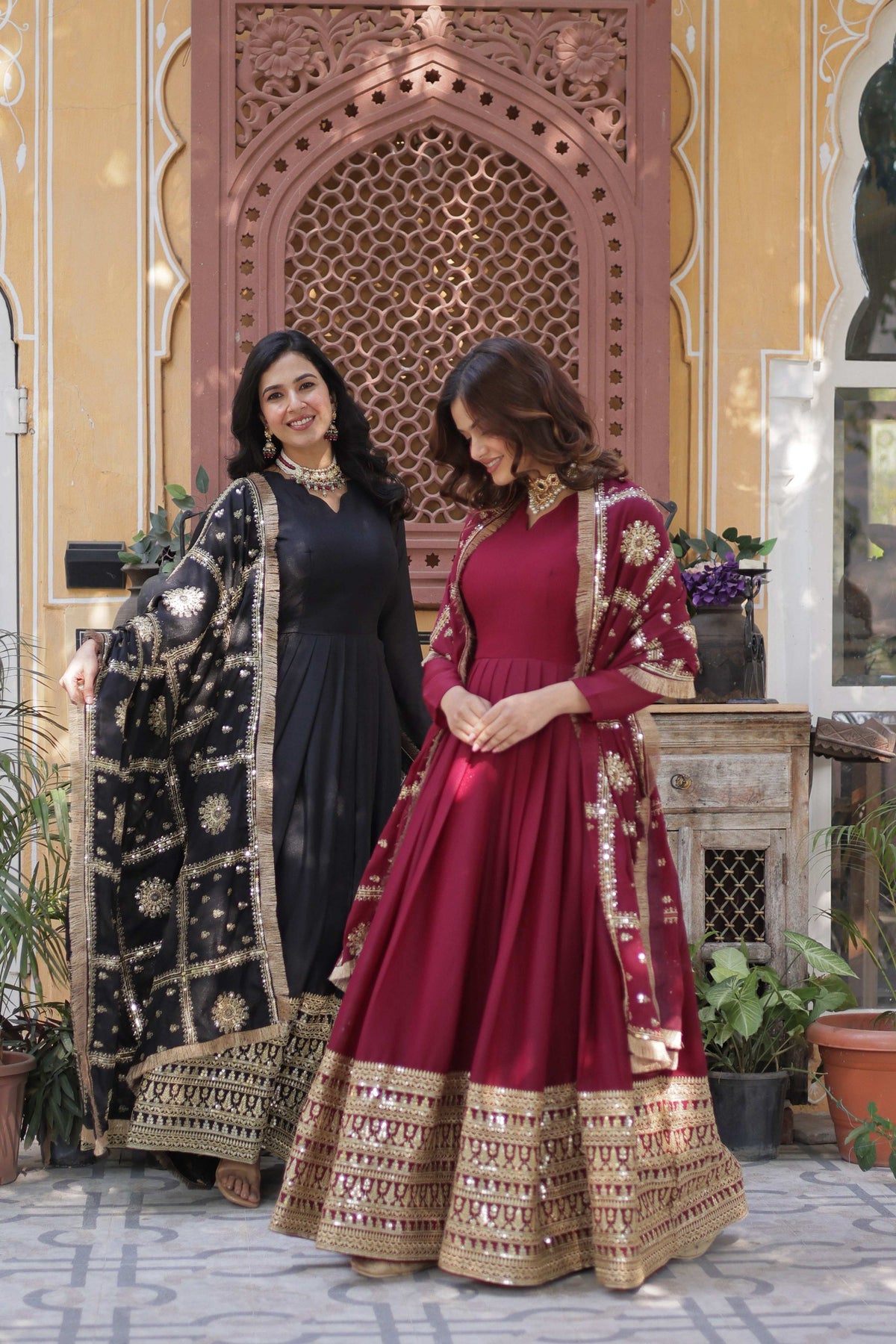 Sonakshi Women's Black & Maroon Georgette Sequins Zari Embroidered Combo Anarkali Sets | Grocsy