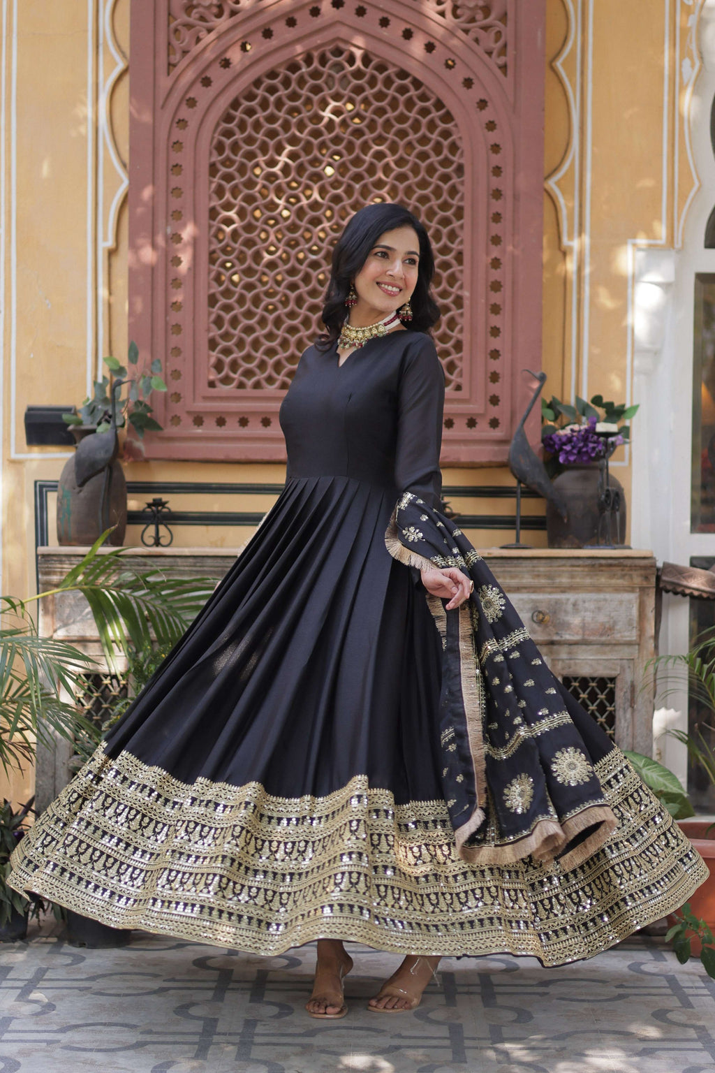 Sonakshi Women's Black Georgette Sequins Zari Embroidered Long Anarkali Sets | Grocsy