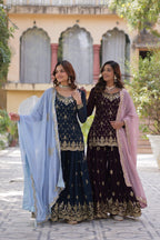 Sonakshi Women's Blue & Wine Faux Blooming Sequins Embroidered Combo Kurta Set with Dupatta | Grocsy