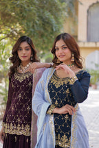 Sonakshi Women's Blue & Wine Faux Blooming Sequins Embroidered Combo Kurta Set with Dupatta | Grocsy