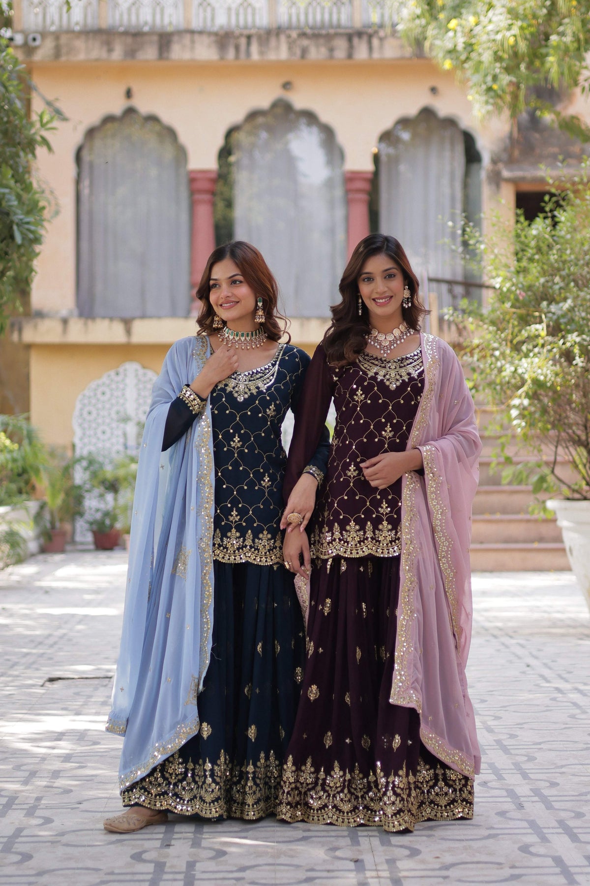Sonakshi Women's Blue & Wine Faux Blooming Sequins Embroidered Combo Kurta Set with Dupatta | Grocsy