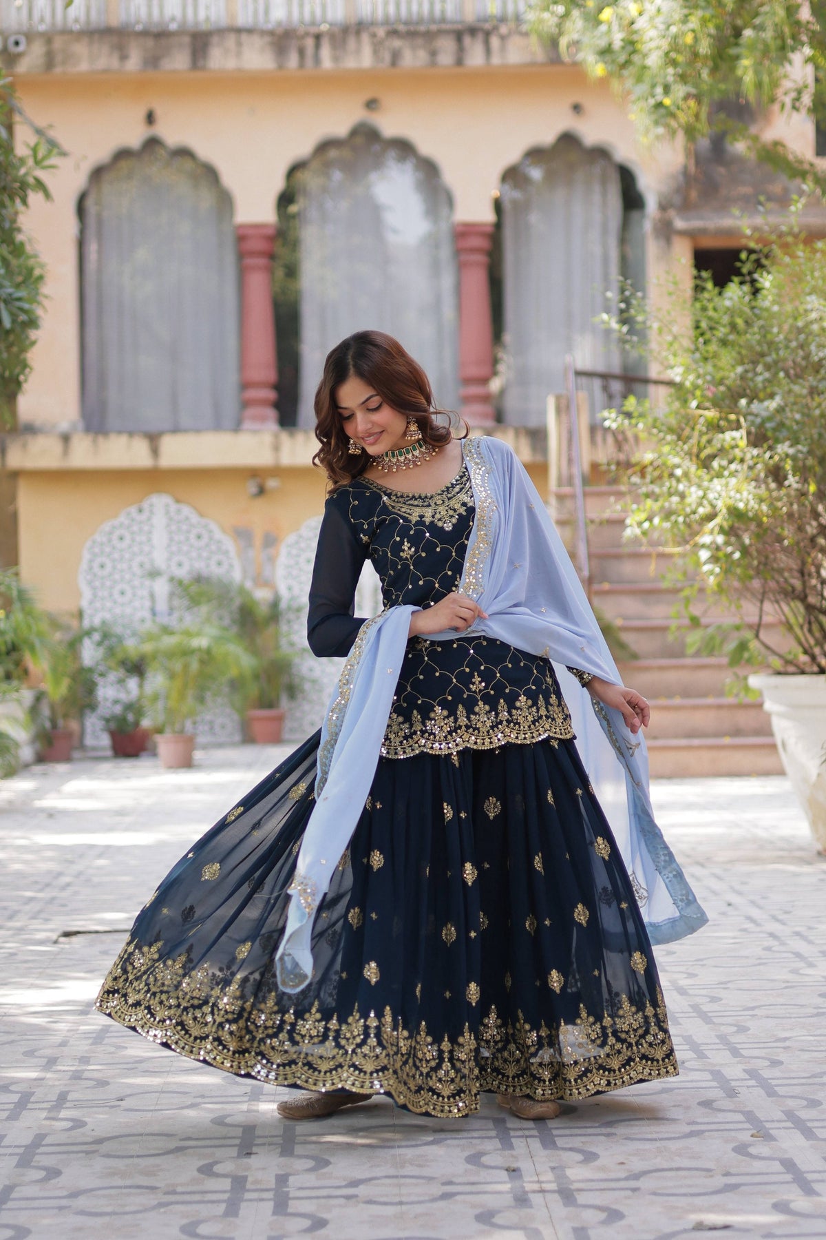 Sonakshi Women's Blue Faux Blooming Sequins Embroidered Kurta Set with Dupatta | Grocsy