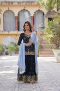 Sonakshi Women's Blue Faux Blooming Sequins Embroidered Kurta Set with Dupatta | Grocsy