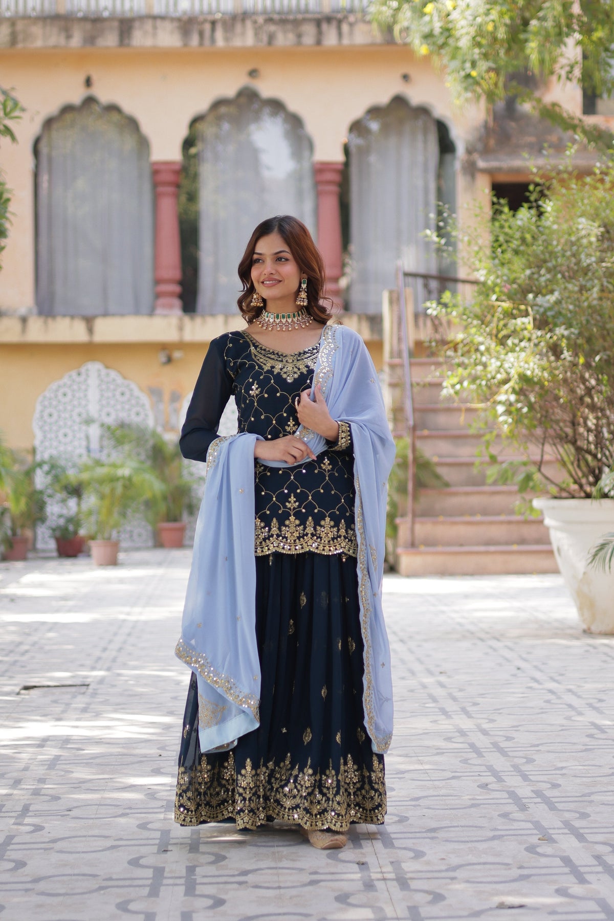 Sonakshi Women's Blue Faux Blooming Sequins Embroidered Kurta Set with Dupatta | Grocsy