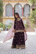 Sonakshi Women's Wine Faux Blooming Sequins Embroidered Kurta Set with Dupatta | Grocsy