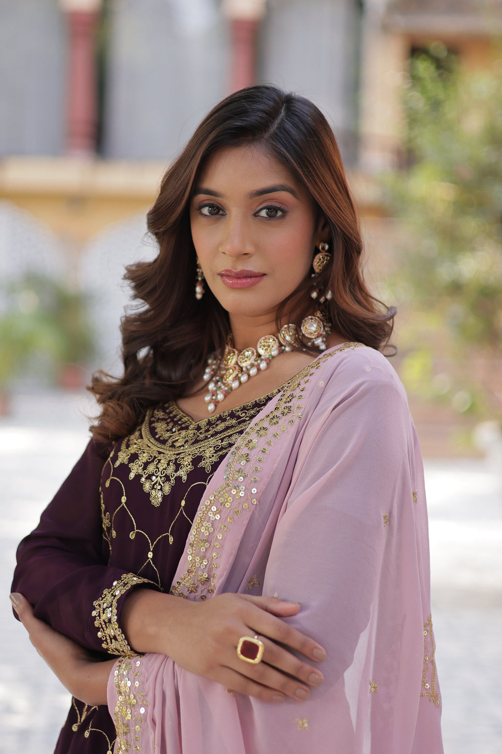 Sonakshi Women's Wine Faux Blooming Sequins Embroidered Kurta Set with Dupatta | Grocsy