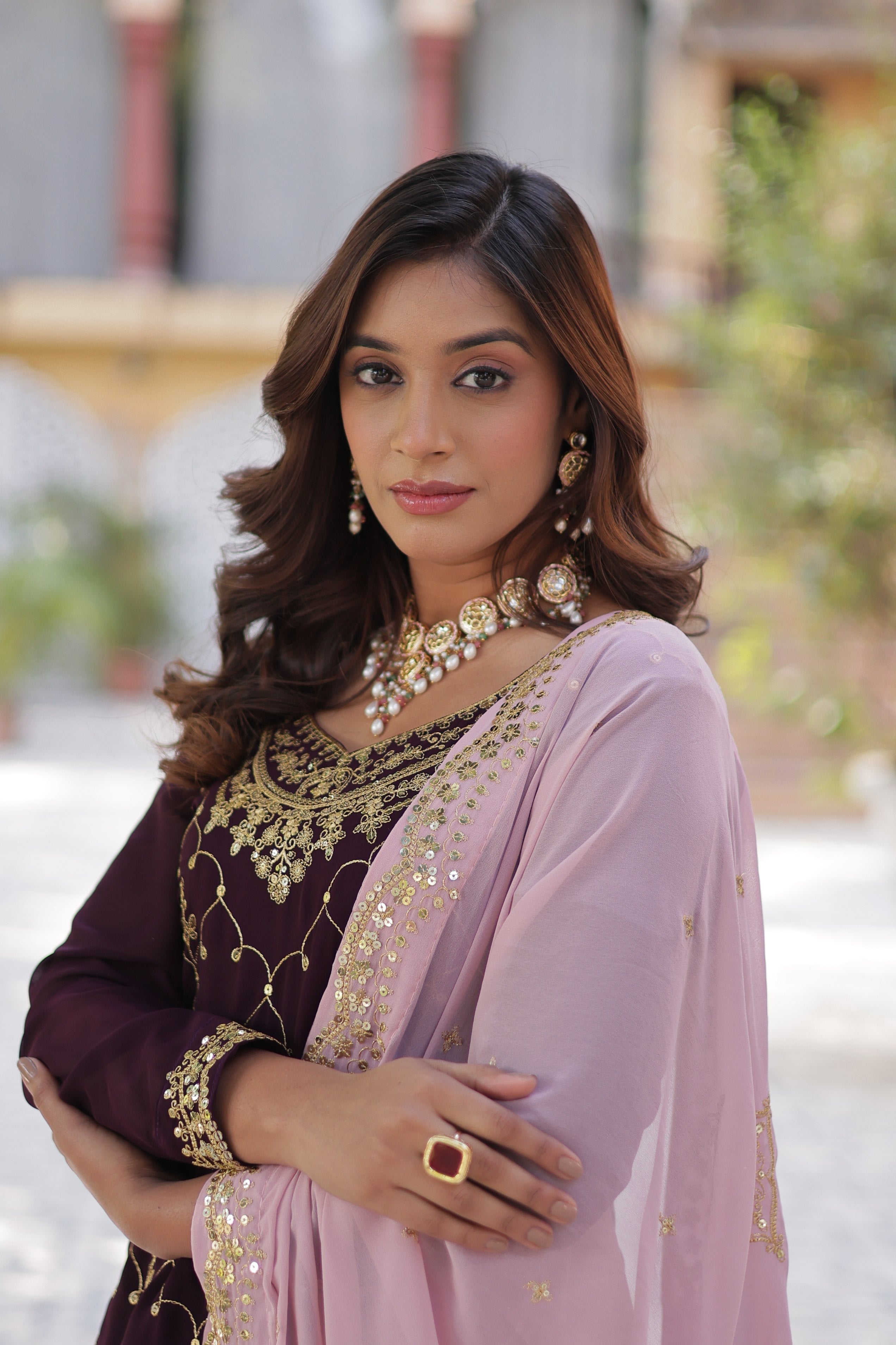 Sonakshi Women's Wine Faux Blooming Sequins Embroidered Kurta Set with Dupatta | Grocsy