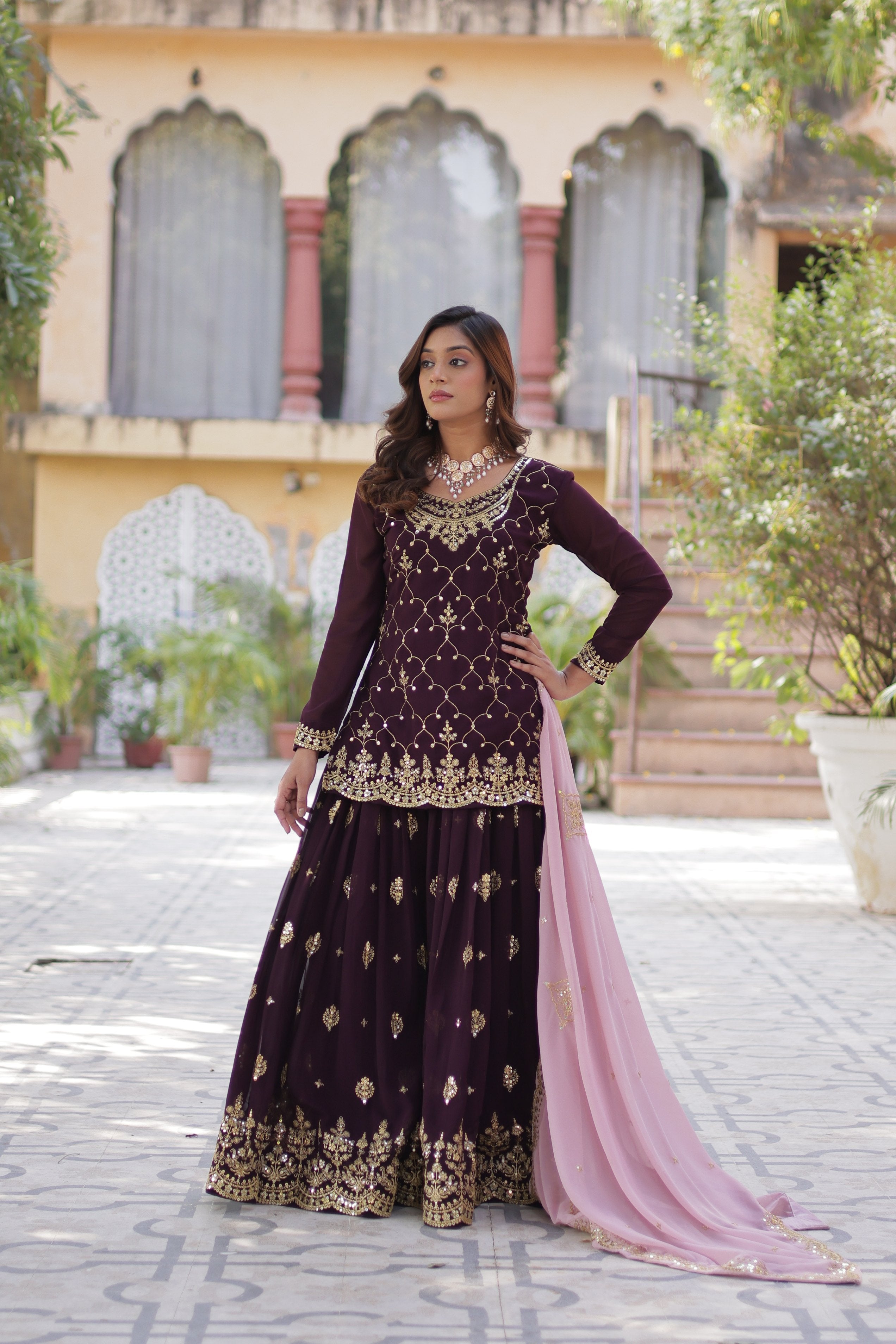 Sonakshi Women's Wine Faux Blooming Sequins Embroidered Kurta Set with Dupatta | Grocsy