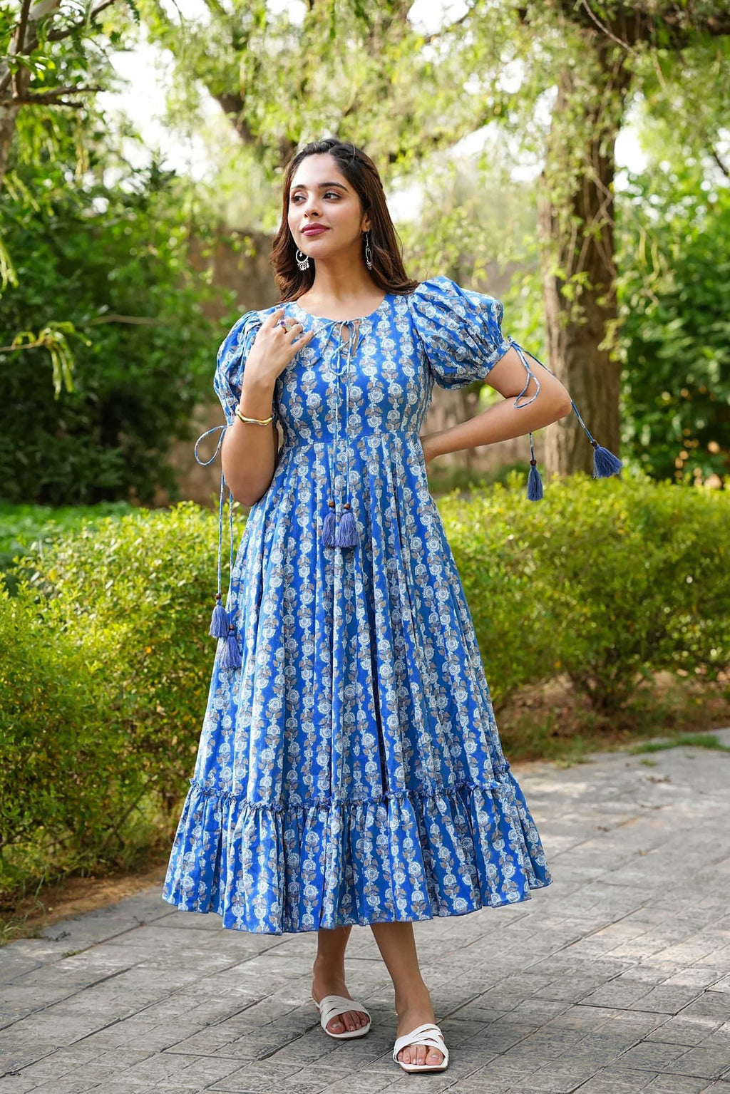 Sonakshi Women's Blue Rayon Digital Print Full Round Flair Anarkali Gown Set | Grocsy