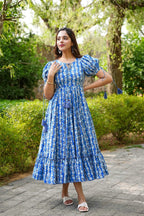 Sonakshi Women's Blue Rayon Digital Print Full Round Flair Anarkali Gown Set | Grocsy