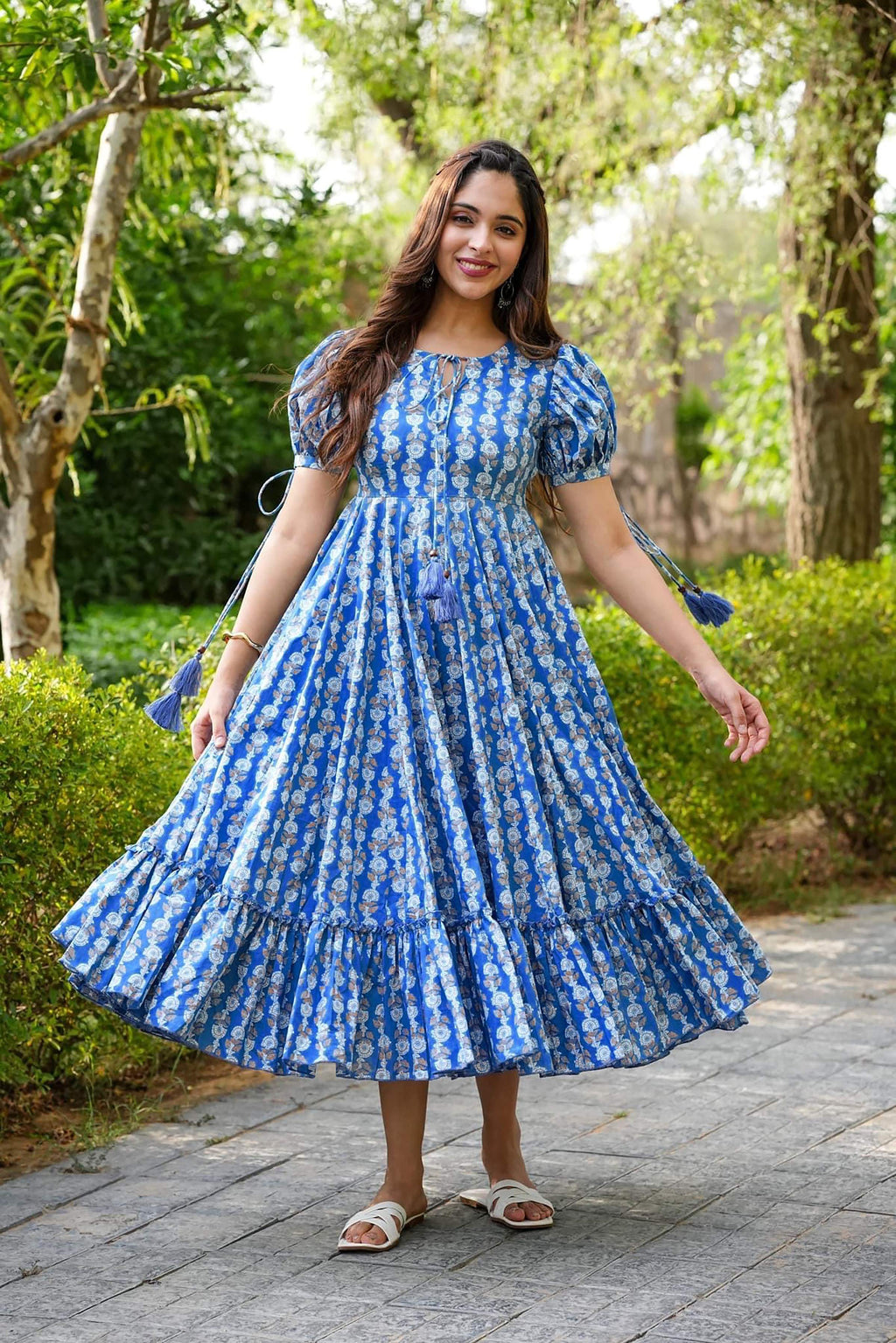 Sonakshi Women's Blue Rayon Digital Print Full Round Flair Anarkali Gown Set | Grocsy