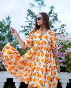 Sonakshi Women's White & Yellow Rayon Digital Print Full Round Flair Anarkali Gown Set | Grocsy