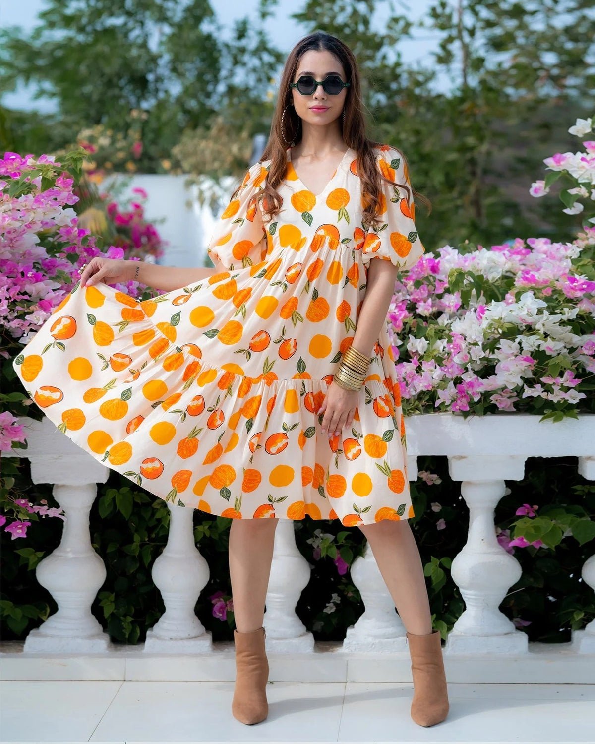 Sonakshi Women's White & Yellow Rayon Digital Print Full Round Flair Anarkali Gown Set | Grocsy