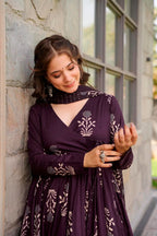 Sonakshi Women's Purple Maslin Digital Print Full Round Flair Anarkali Gown Set With Dupatta | Grocsy