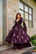 Sonakshi Women's Purple Maslin Digital Print Full Round Flair Anarkali Gown Set With Dupatta | Grocsy