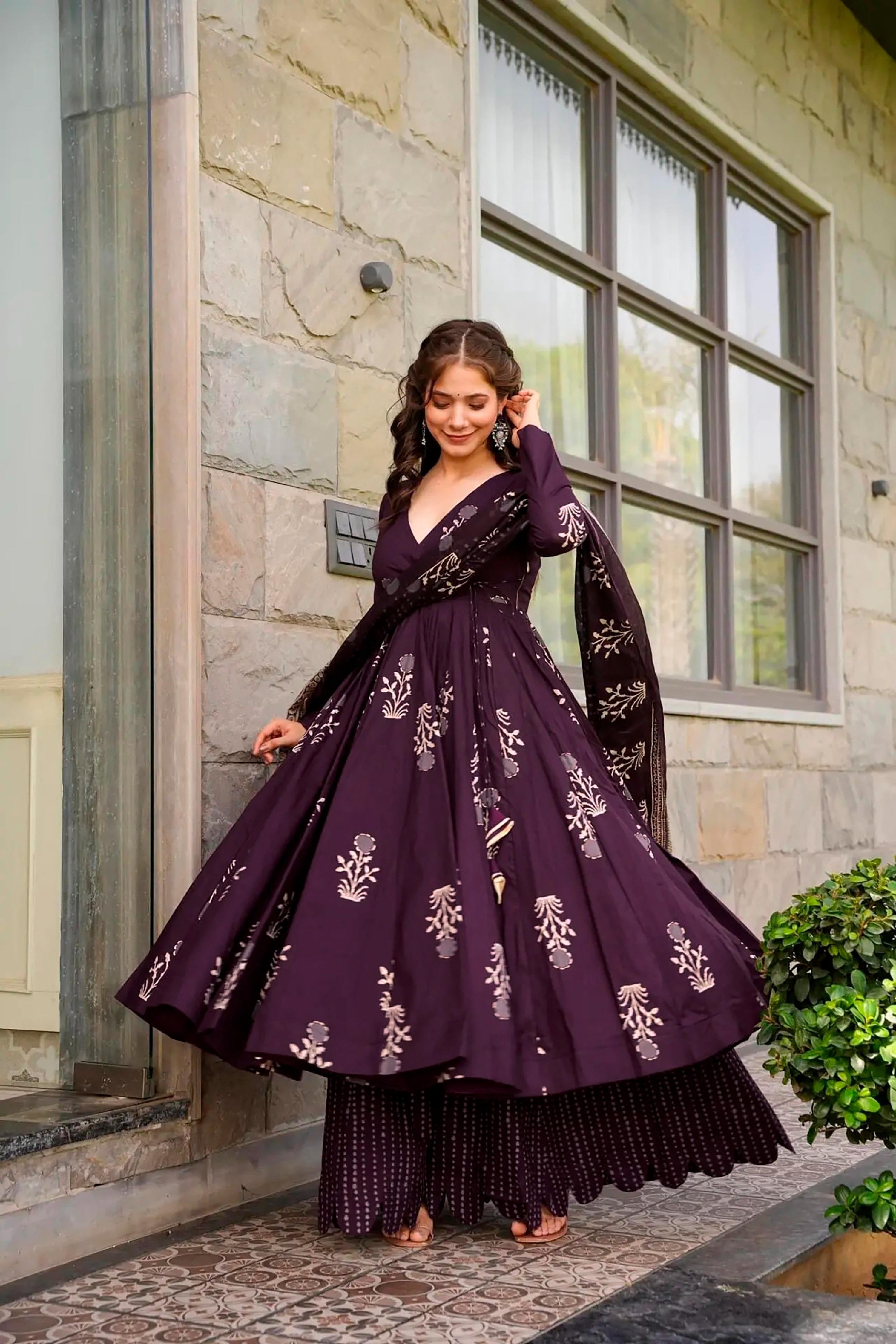 Sonakshi Women's Purple Maslin Digital Print Full Round Flair Anarkali Gown Set With Dupatta | Grocsy