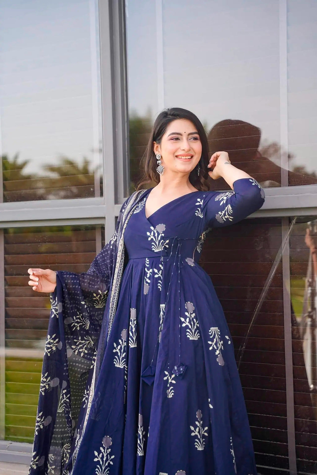 Sonakshi Women's Royal Blue Maslin Digital Print Full Round Flair Anarkali Gown Set With Dupatta | Grocsy
