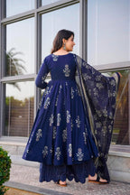 Sonakshi Women's Royal Blue Maslin Digital Print Full Round Flair Anarkali Gown Set With Dupatta | Grocsy
