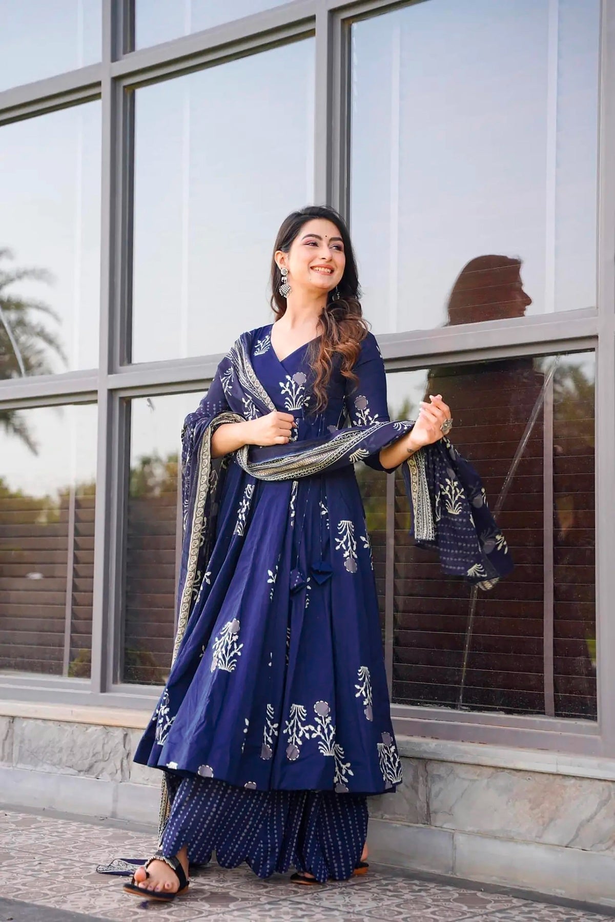 Sonakshi Women's Royal Blue Maslin Digital Print Full Round Flair Anarkali Gown Set With Dupatta | Grocsy