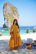 Sonakshi Women's Yellow Maslin Digital Print Full Round Flair Anarkali Gown Set With Dupatta | Grocsy