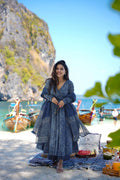 Sonakshi Women's Navy Blue Maslin Digital Print Full Round Flair Anarkali Gown Set With Dupatta | Grocsy