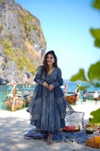 Sonakshi Women's Navy Blue Maslin Digital Print Full Round Flair Anarkali Gown Set With Dupatta | Grocsy