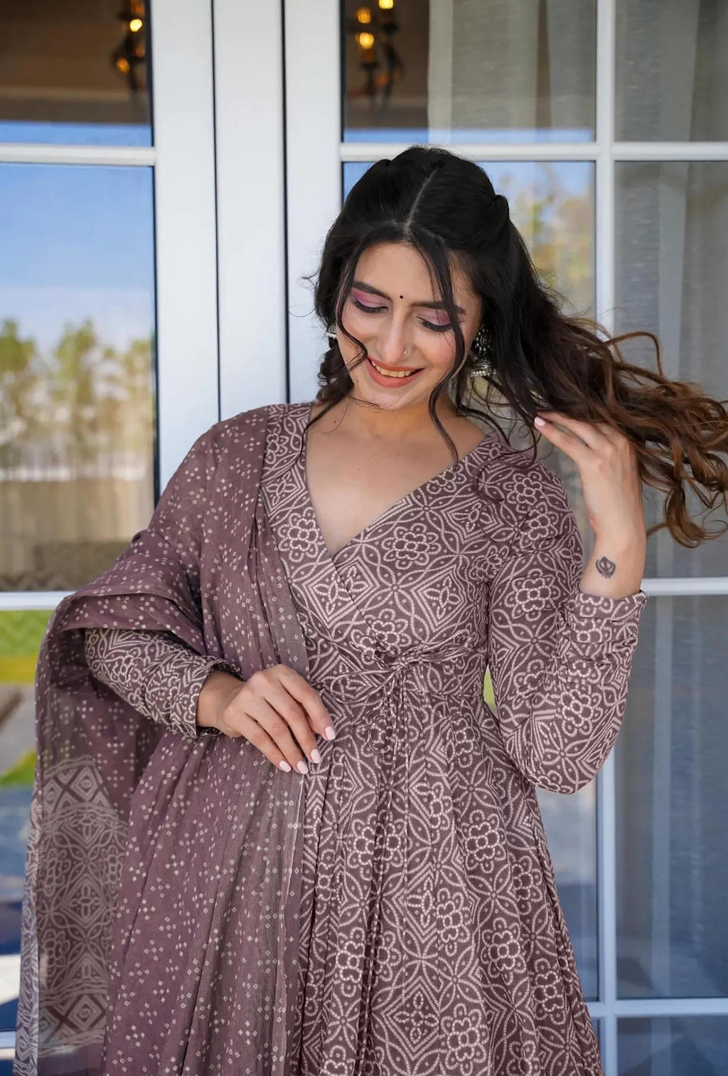 Sonakshi Women's Baby Purple Maslin Digital Print Full Round Flair Anarkali Gown Set With Dupatta | Grocsy
