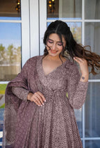Sonakshi Women's Baby Purple Maslin Digital Print Full Round Flair Anarkali Gown Set With Dupatta | Grocsy