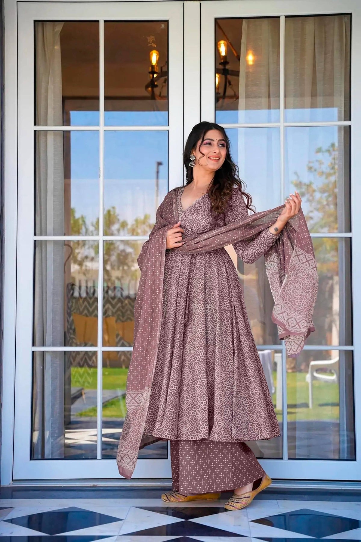 Sonakshi Women's Baby Purple Maslin Digital Print Full Round Flair Anarkali Gown Set With Dupatta | Grocsy