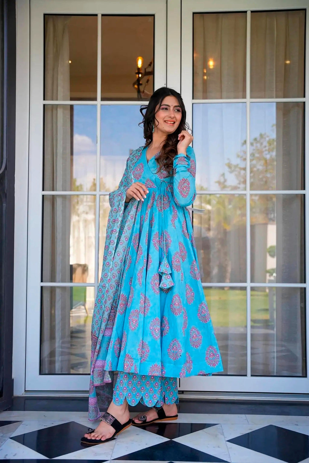 Sonakshi Women's Electric Blue Maslin Digital Print Full Round Flair Anarkali Gown Set With Dupatta | Grocsy