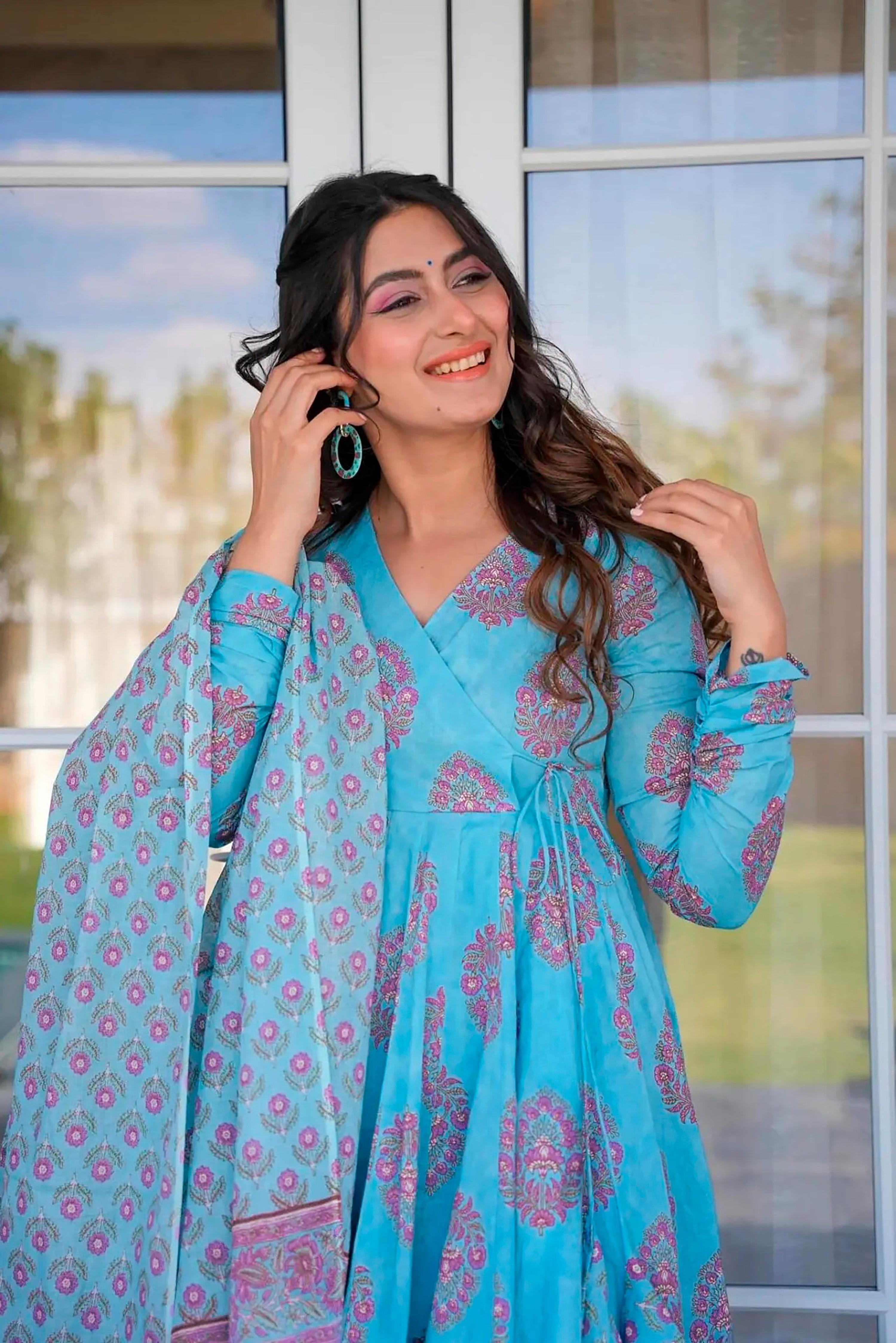 Sonakshi Women's Electric Blue Maslin Digital Print Full Round Flair Anarkali Gown Set With Dupatta | Grocsy