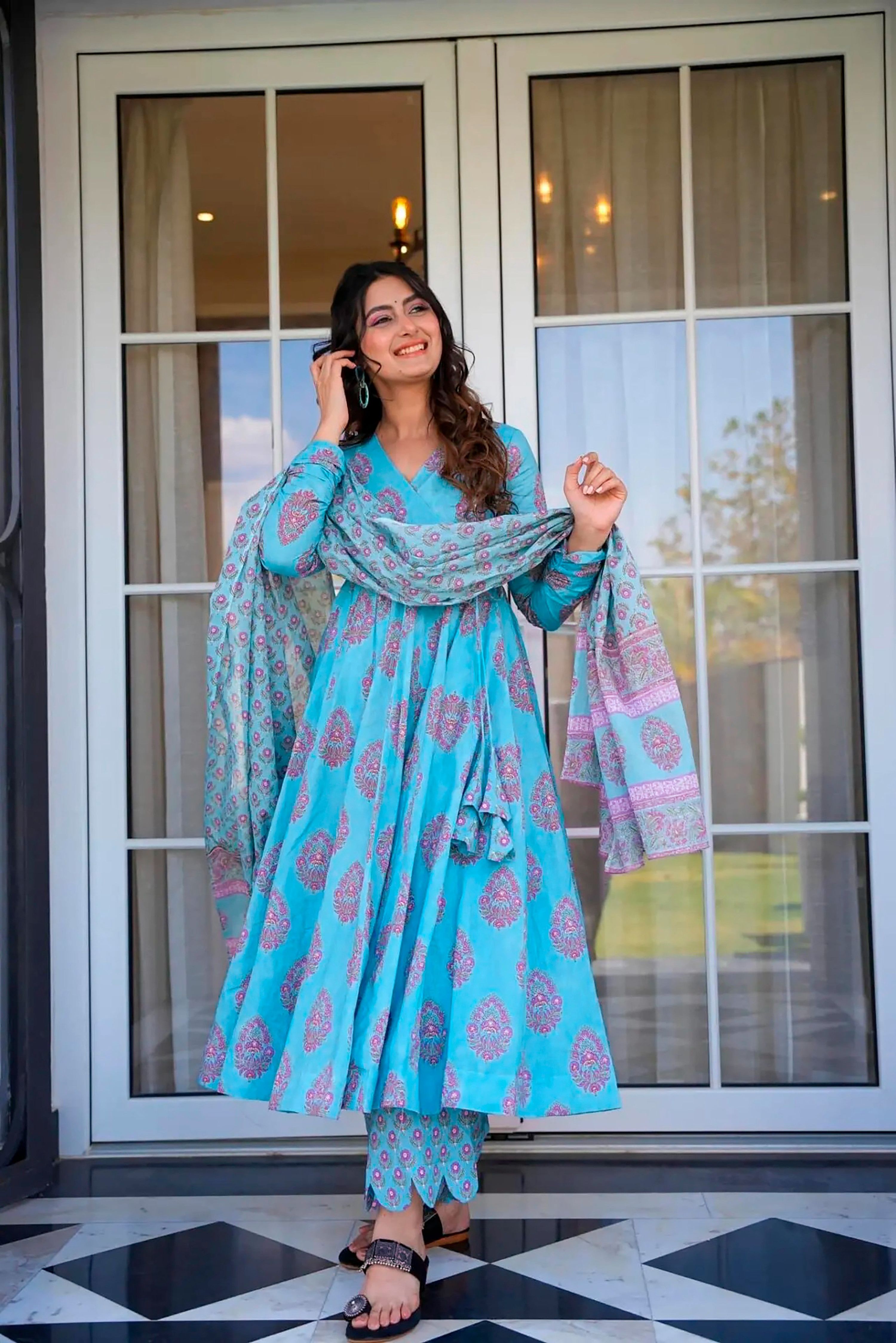 Sonakshi Women's Electric Blue Maslin Digital Print Full Round Flair Anarkali Gown Set With Dupatta | Grocsy