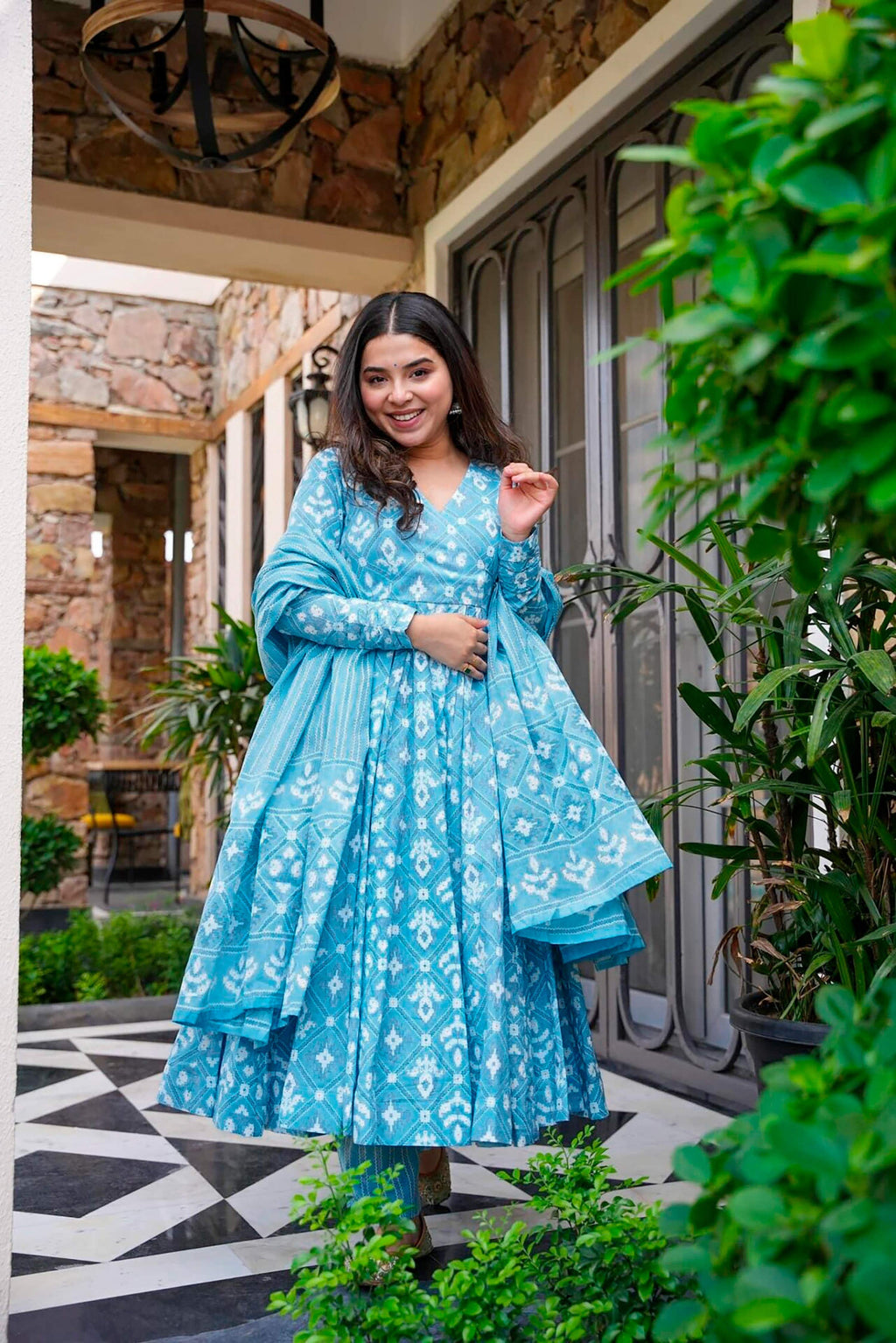 Sonakshi Women's Bright Blue Maslin Digital Print Full Round Flair Anarkali Gown Set With Dupatta | Grocsy