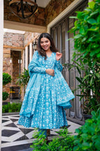 Sonakshi Women's Bright Blue Maslin Digital Print Full Round Flair Anarkali Gown Set With Dupatta | Grocsy