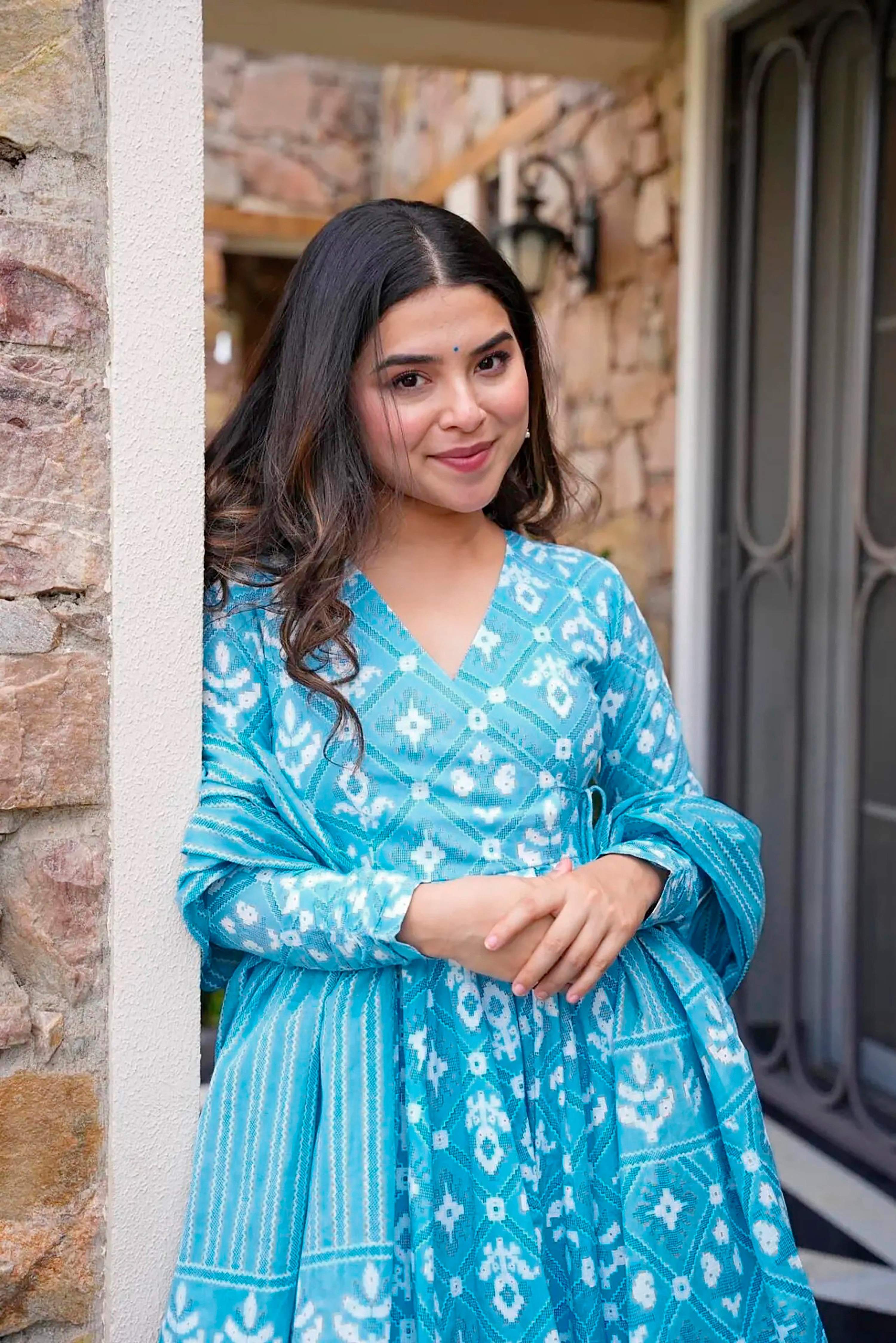 Sonakshi Women's Bright Blue Maslin Digital Print Full Round Flair Anarkali Gown Set With Dupatta | Grocsy