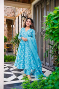 Sonakshi Women's Bright Blue Maslin Digital Print Full Round Flair Anarkali Gown Set With Dupatta | Grocsy