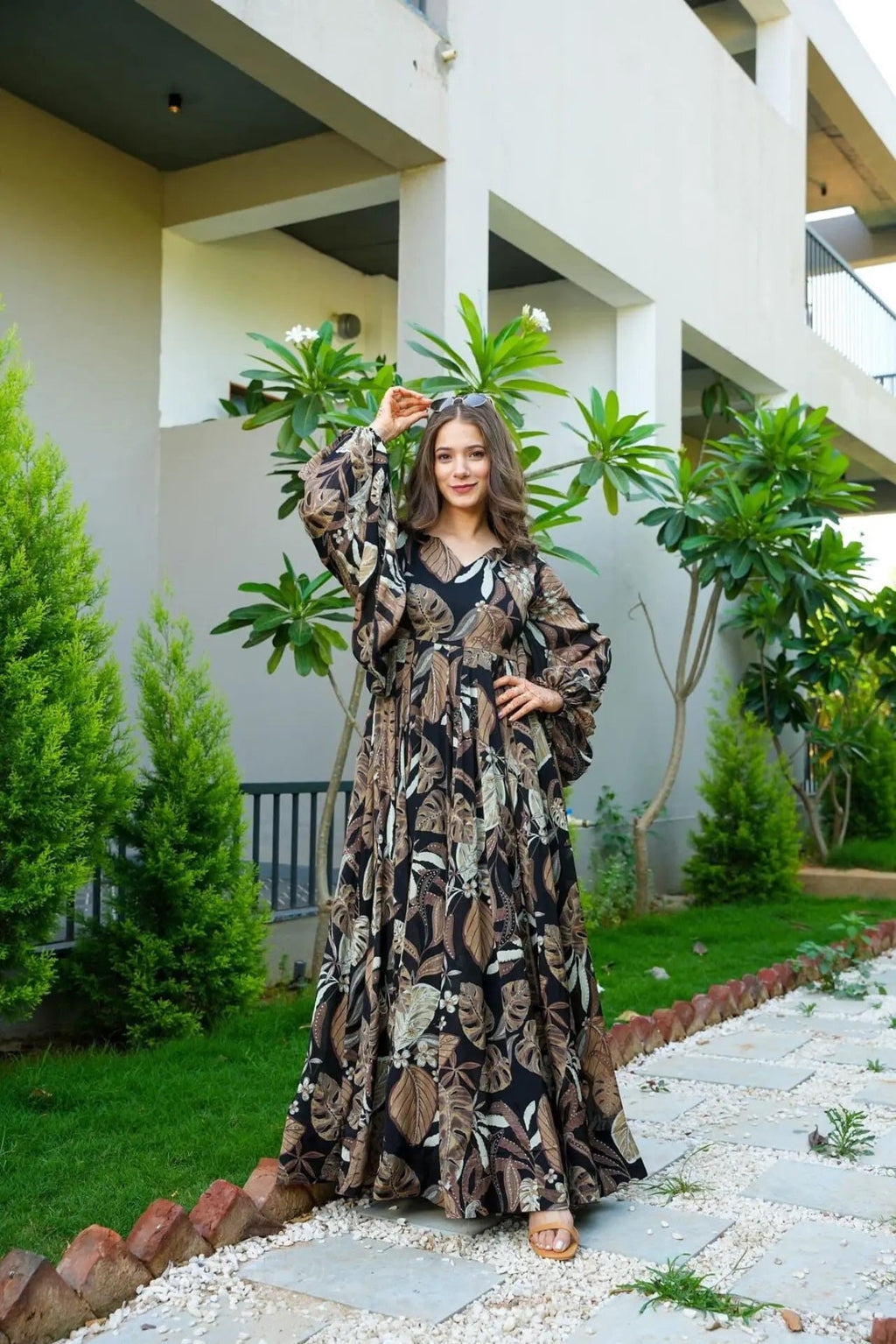 Sonakshi Women's Black Air tex Chinon Digital Print Full Round Flair Anarkali Gown Set | Grocsy