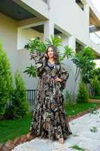 Sonakshi Women's Black Air tex Chinon Digital Print Full Round Flair Anarkali Gown Set | Grocsy