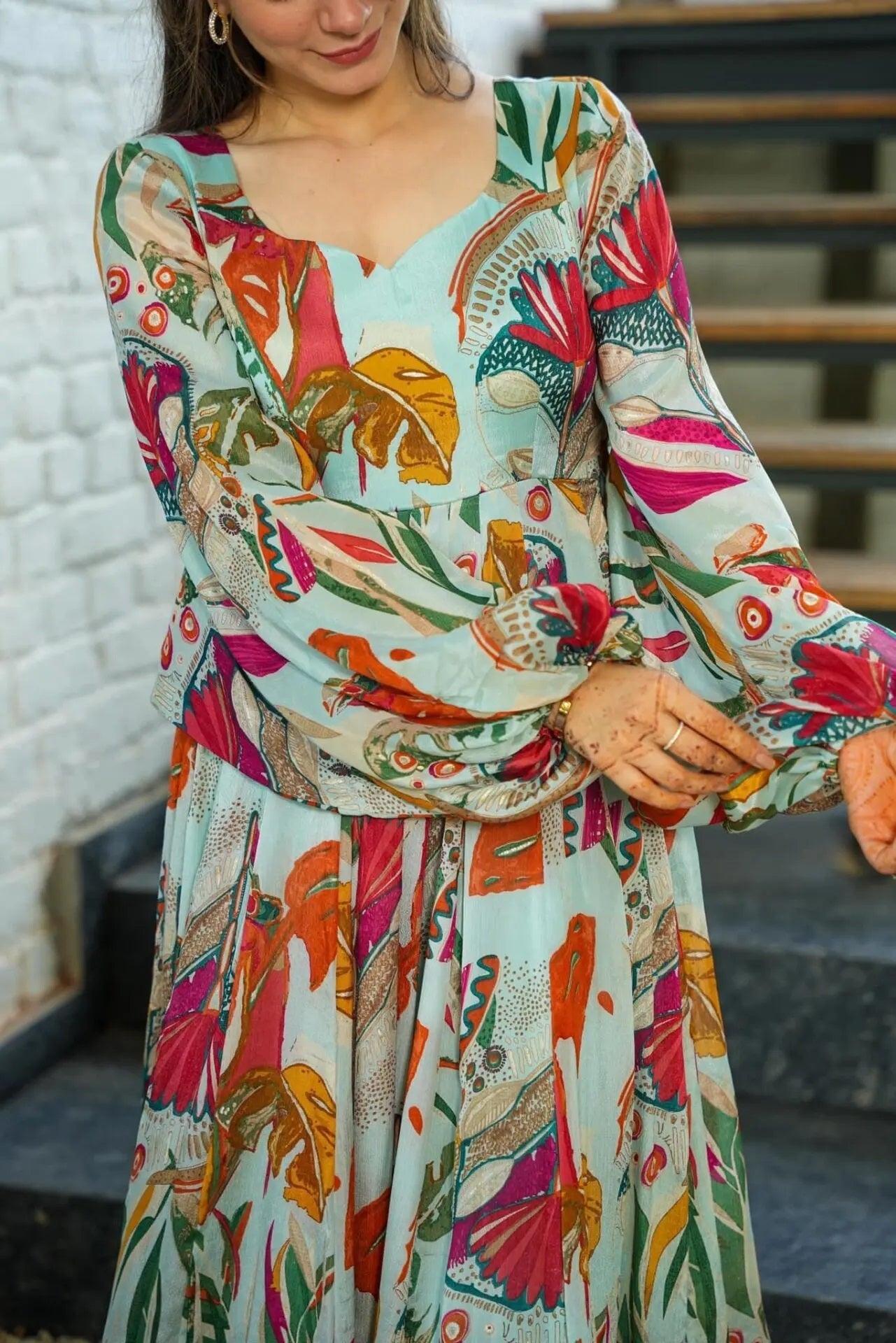 Sonakshi Women's C Green Air tex Chinon Digital Print Full Round Flair Anarkali Gown Set | Grocsy